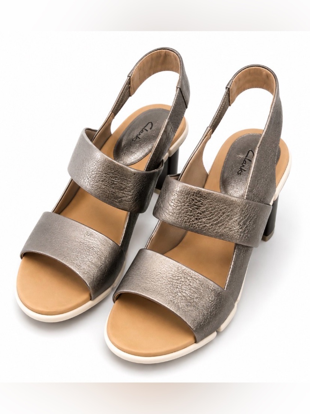 Clarks Imali Jasmine Metallic Silver Leather Sandals US 9M 3” Block Heel